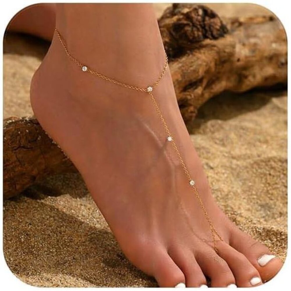 Anklets for Women Waterproof 18K Gold Plated Pearl Beaded Heart Diamond Ankle